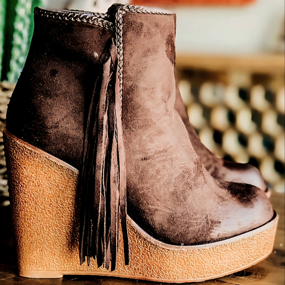 Brown Suede Fringe Wedge Ankle Boots